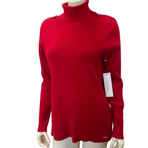 Calvin Klein Womens Red Ribbed Turtleneck Button Details Md NWT - Picture 1 of 7